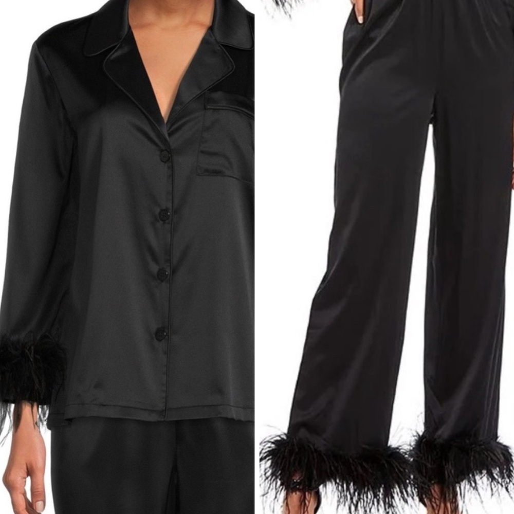 ANTONIO MELANI Black Satin Pajama Set with Feather Trim